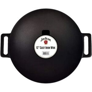 Jim Beam 12'' Pre Seasoned Heavy Duty Construction Cast Iron Grilling Wok BLACK